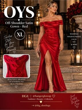 OYS Red Satin Off Shoulder Ruched Formal Gown XL Wedding Guest Prom Dress